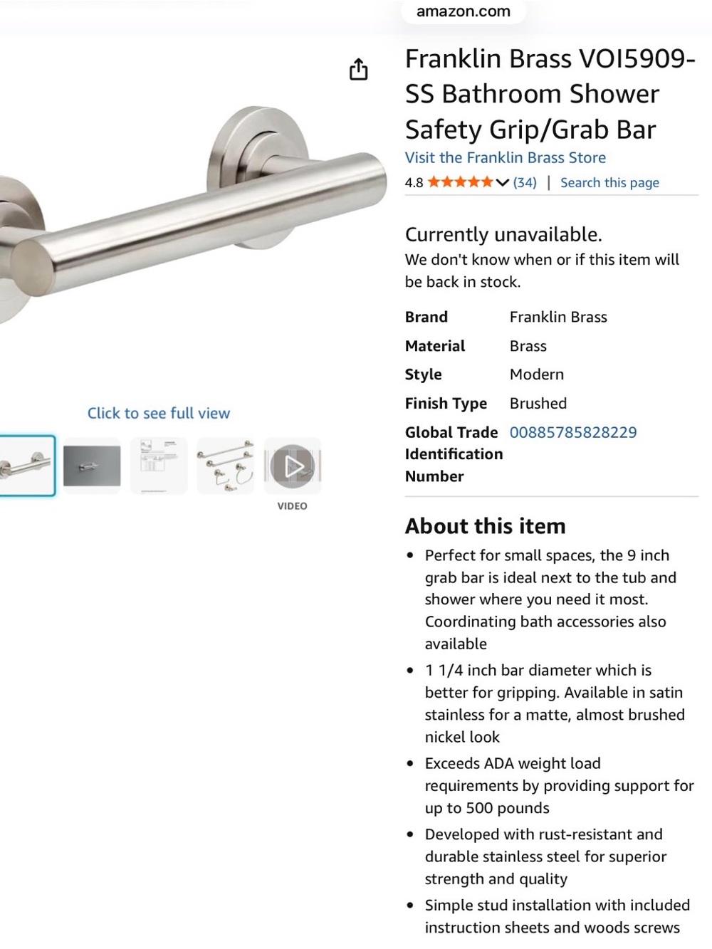 Franklin Brass Brushed Stainless Grab Bar